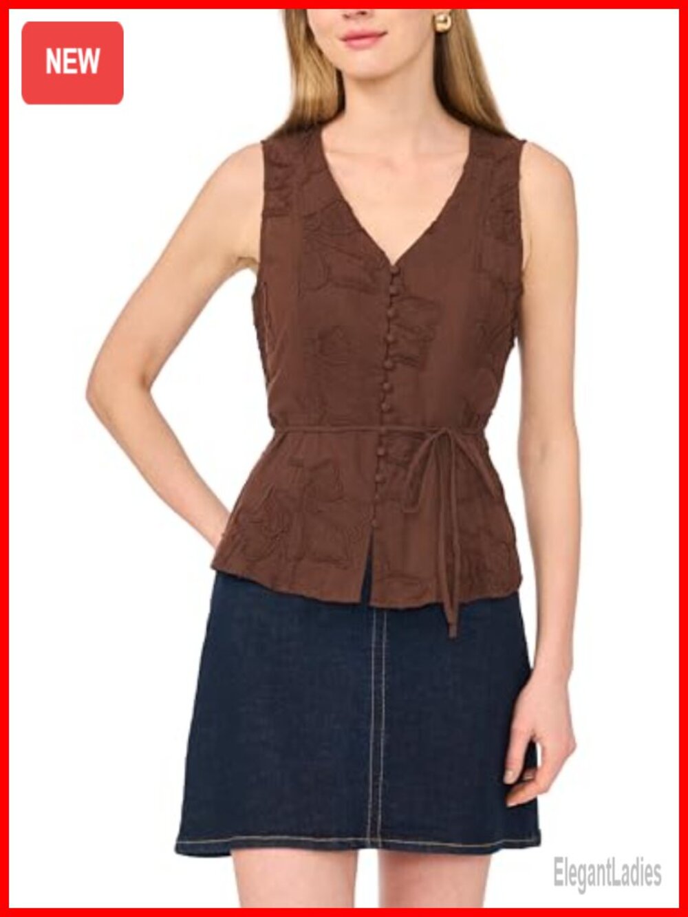 Sleeveless V-Neck Button-Down Blouse with Leaf Embroidery & Tie Waist